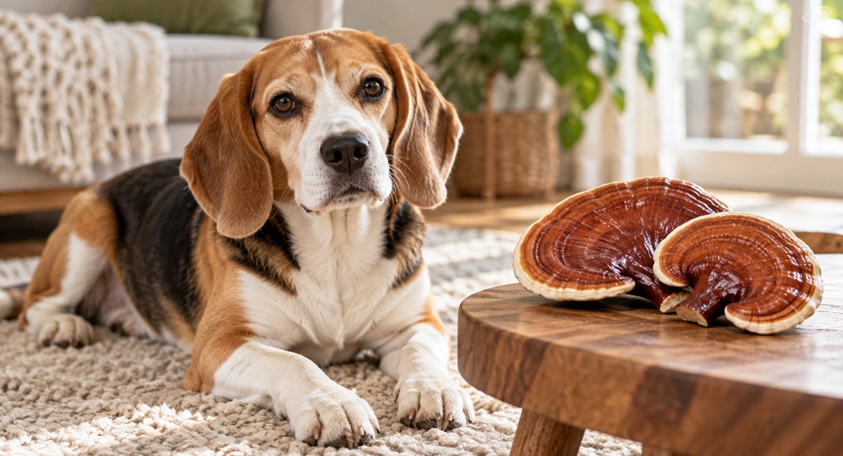 Adult Beagle resting beside a wooden table displaying Reishi mushrooms.
